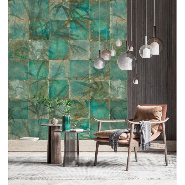 Papel pintado mural de azulejos con detalles de hojas en tonos verdes - Exotic Wilderness 683224