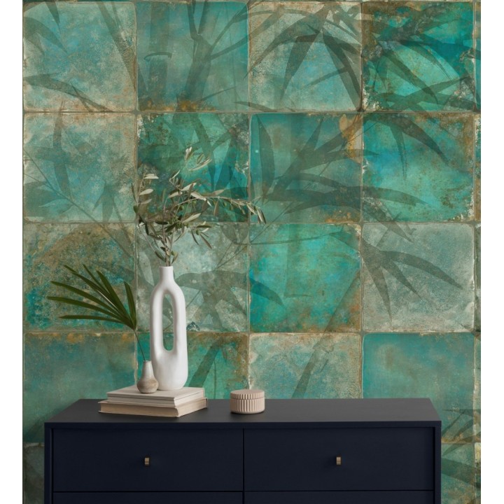 Papel pintado mural de azulejos con detalles de hojas en tonos verdes - Exotic Wilderness 683224