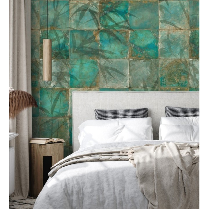 Papel pintado mural de azulejos con detalles de hojas en tonos verdes - Exotic Wilderness 683224
