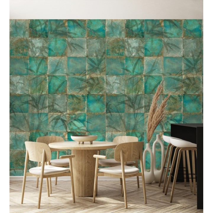 Papel pintado mural de azulejos con detalles de hojas en tonos verdes - Exotic Wilderness 683224