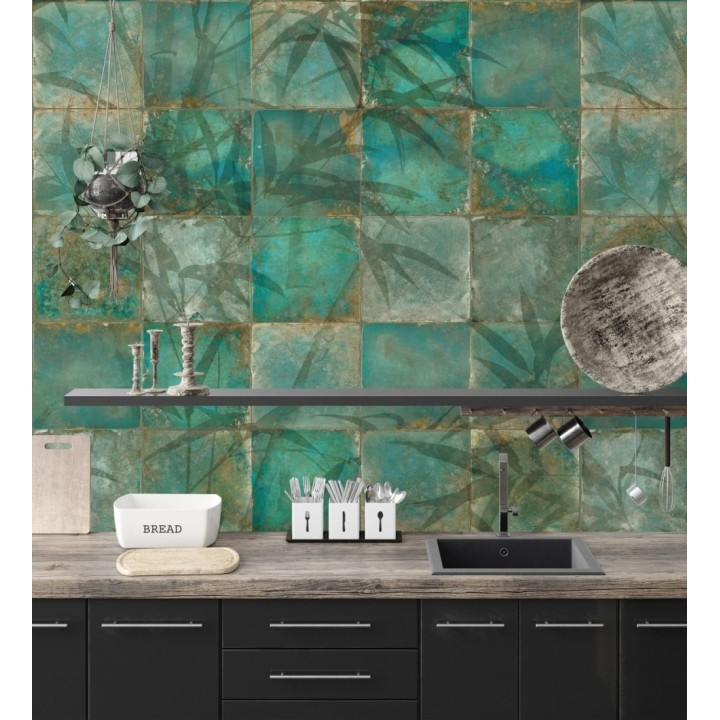 Papel pintado mural de azulejos con detalles de hojas en tonos verdes - Exotic Wilderness 683224
