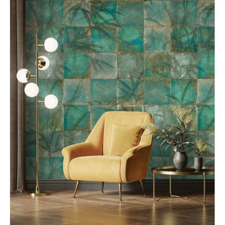 Papel pintado mural de azulejos con detalles de hojas en tonos verdes - Exotic Wilderness 683224