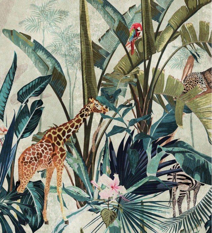 Papel pintado mural de selva tropical y animales exótico enmarcado con listones de madera - African Oasis 683229