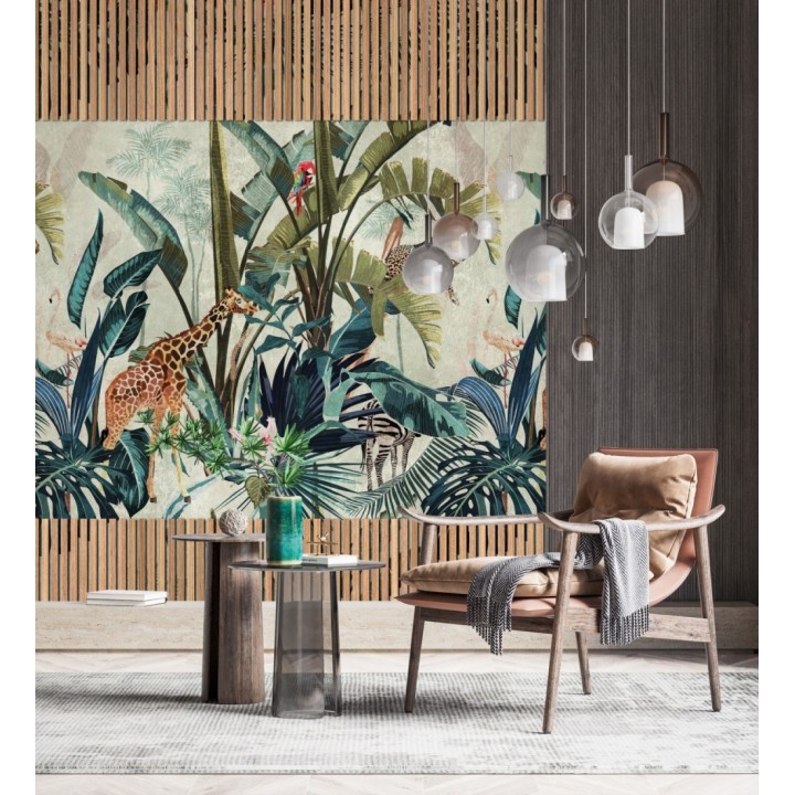 Papel pintado mural de selva tropical y animales exótico enmarcado con listones de madera - African Oasis 683229