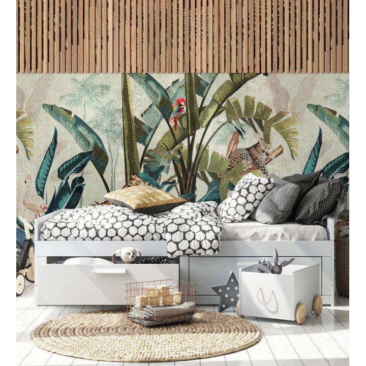 Papel pintado mural de selva tropical y animales exótico enmarcado con listones de madera - African Oasis 683229
