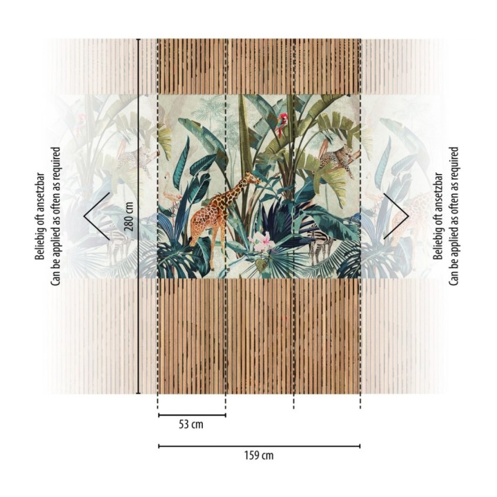 Papel pintado mural de selva tropical y animales exótico enmarcado con listones de madera - African Oasis 683229