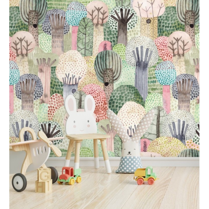 Papel pintado mural  infantil con bosque de árboles en estilo acuarela - Baby Wonderland 683230