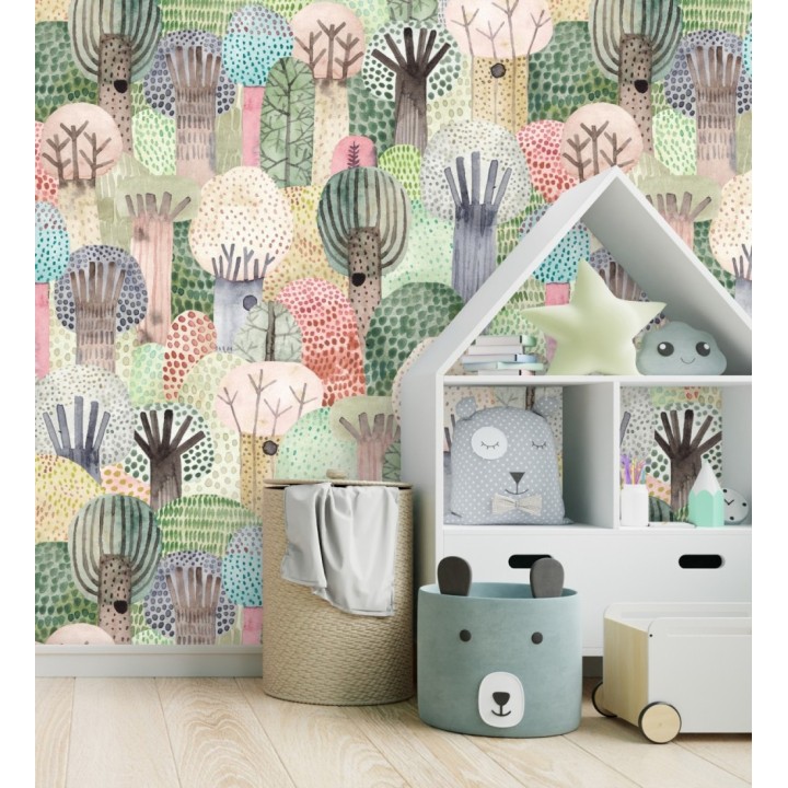 Papel pintado mural  infantil con bosque de árboles en estilo acuarela - Baby Wonderland 683230