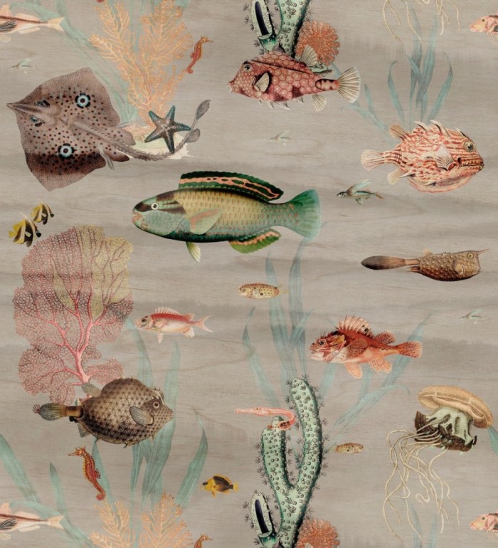 Papel pintado mural del fondo marino con peces y corales fondo beige grisáceo claro - African Oasis 683232