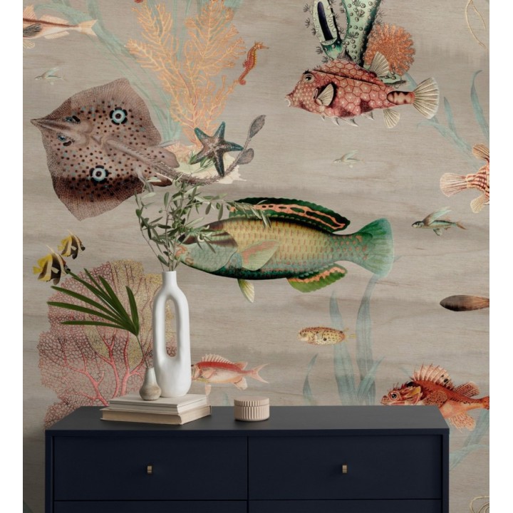 Papel pintado mural del fondo marino con peces y corales fondo beige grisáceo claro - African Oasis 683232