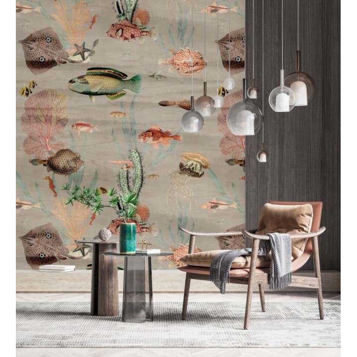 Papel pintado mural del fondo marino con peces y corales fondo beige grisáceo claro - African Oasis 683232