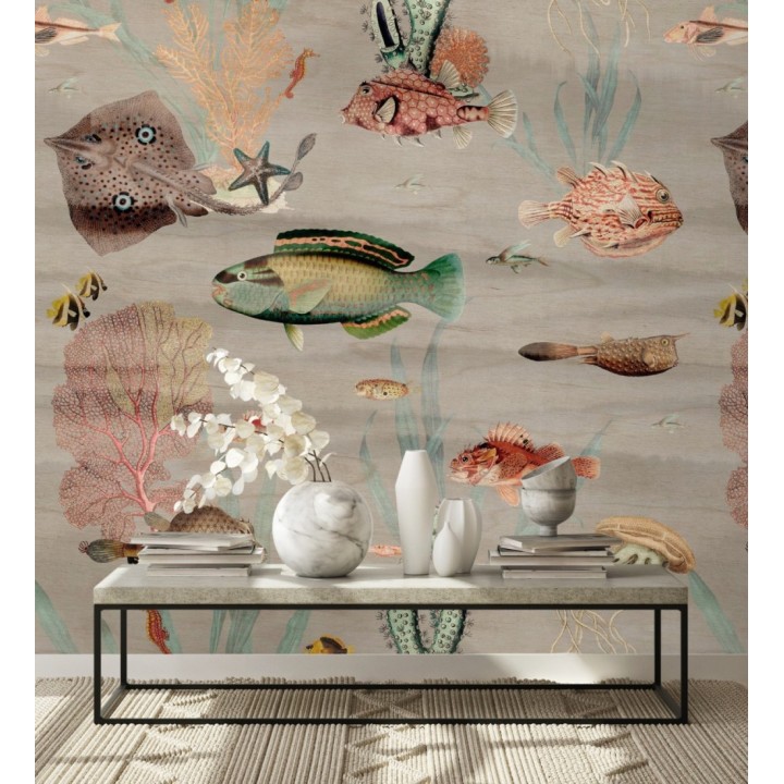 Papel pintado mural del fondo marino con peces y corales fondo beige grisáceo claro - African Oasis 683232