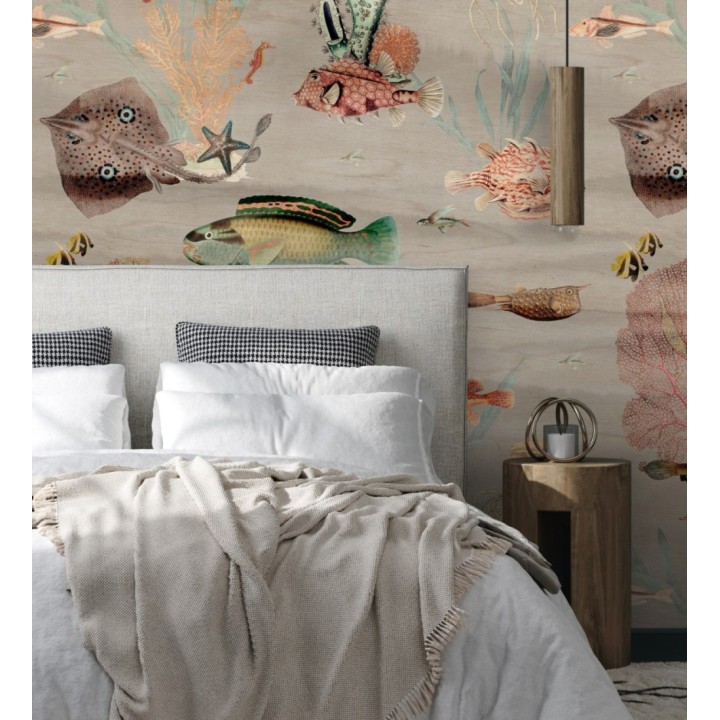 Papel pintado mural del fondo marino con peces y corales fondo beige grisáceo claro - African Oasis 683232