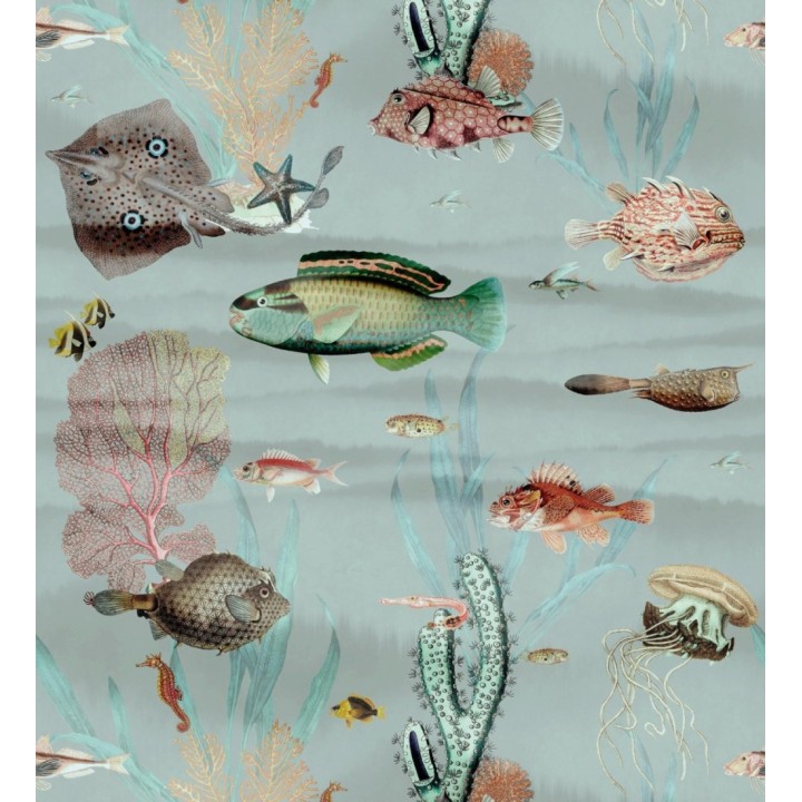 Papel pintado mural del fondo marino con peces y corales tonos azul grisáceo suave  - African Oasis 683233