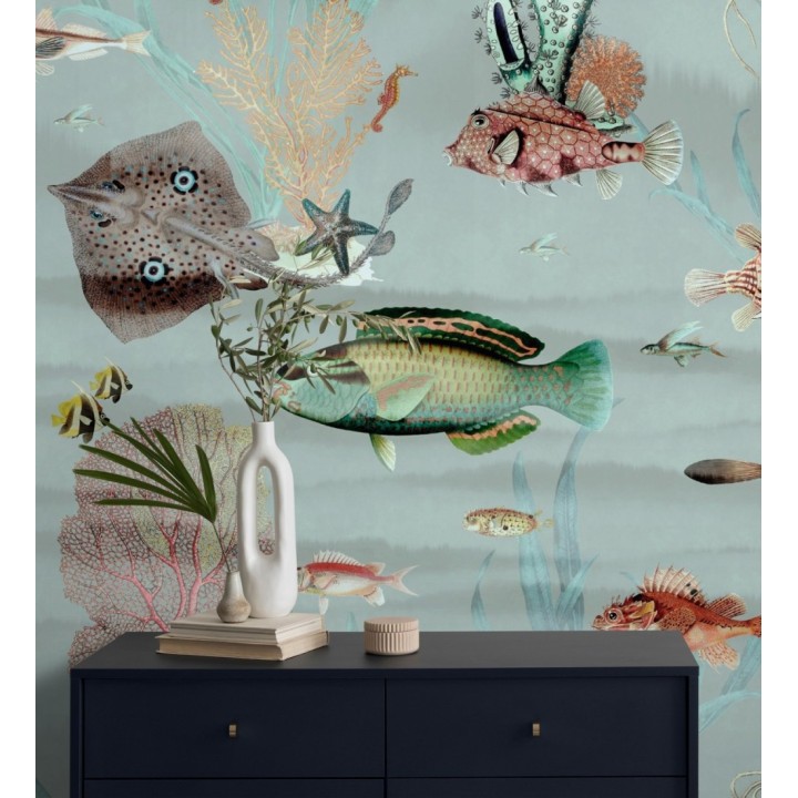 Papel pintado mural del fondo marino con peces y corales tonos azul grisáceo suave  - African Oasis 683233