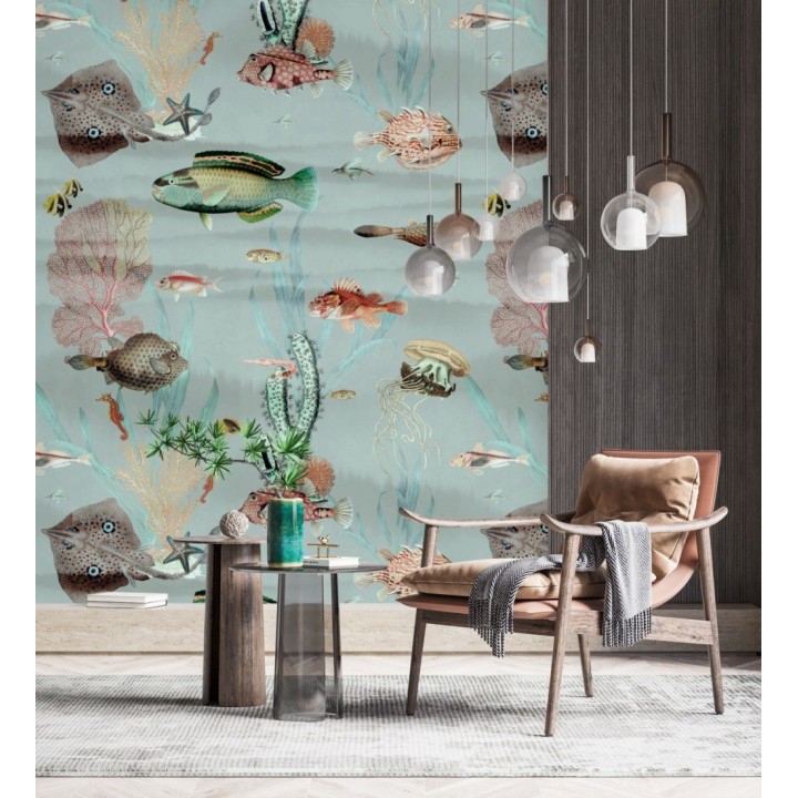 Papel pintado mural del fondo marino con peces y corales tonos azul grisáceo suave  - African Oasis 683233