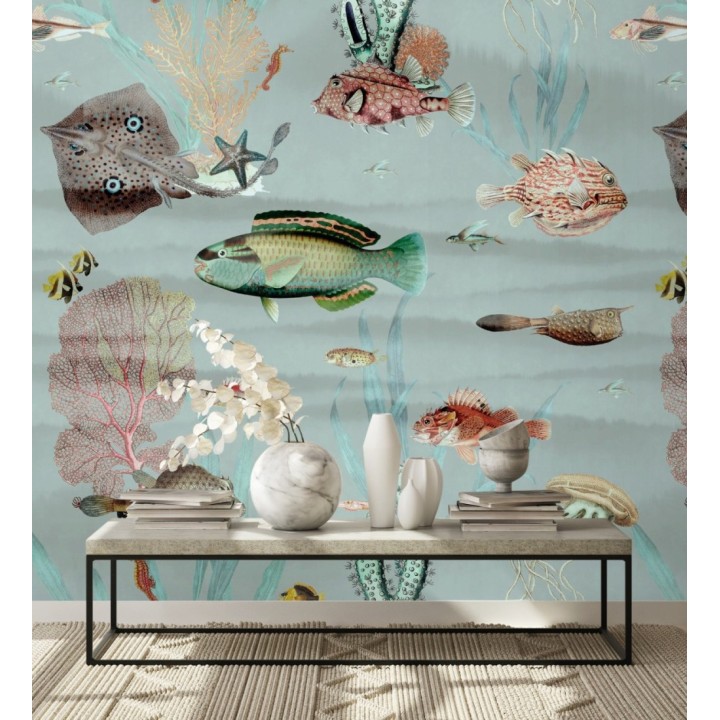 Papel pintado mural del fondo marino con peces y corales tonos azul grisáceo suave  - African Oasis 683233