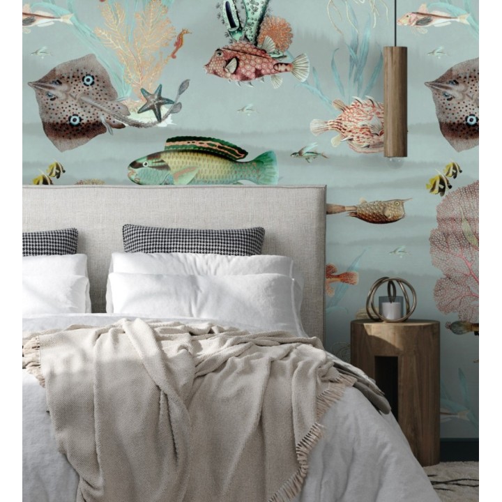 Papel pintado mural del fondo marino con peces y corales tonos azul grisáceo suave  - African Oasis 683233
