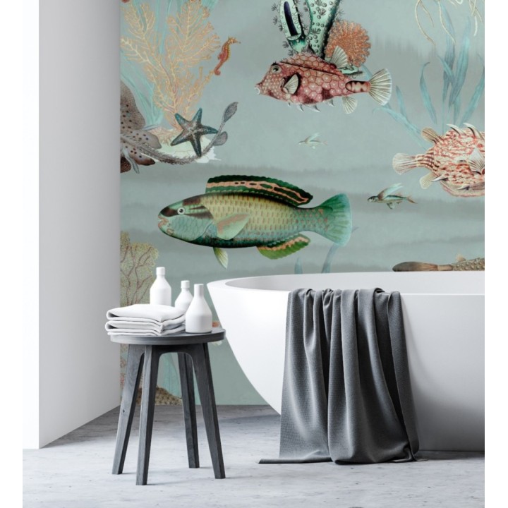 Papel pintado mural del fondo marino con peces y corales tonos azul grisáceo suave  - African Oasis 683233