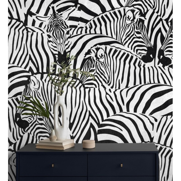 Papel pintado mural con estampado de cebras en negro y blanco - African Oasis 683234
