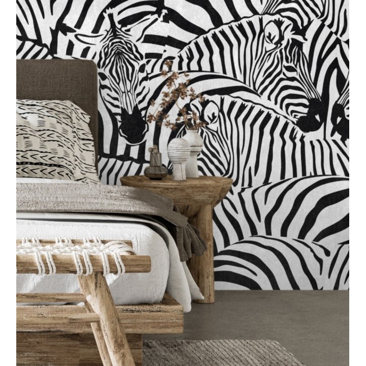 Papel pintado mural con estampado de cebras en negro y blanco - African Oasis 683234