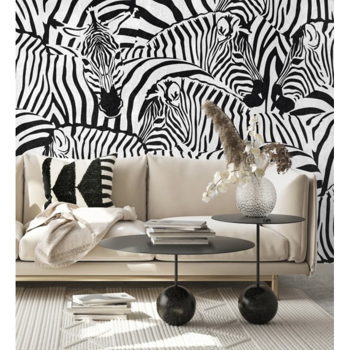 Papel pintado mural con estampado de cebras en negro y blanco - African Oasis 683234