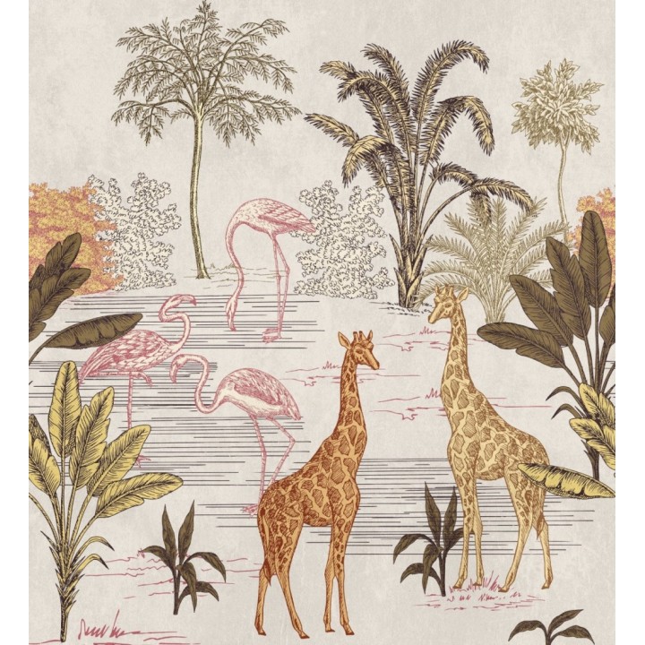 Papel pintado mural de safari con jirafas y flamencos - Baby Wonderland 683235