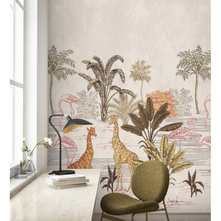 Papel pintado mural de safari con jirafas y flamencos - Baby Wonderland 683235