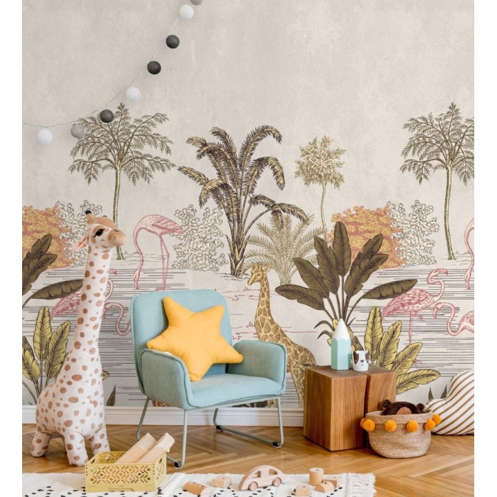 Papel pintado mural de safari con jirafas y flamencos - Baby Wonderland 683235