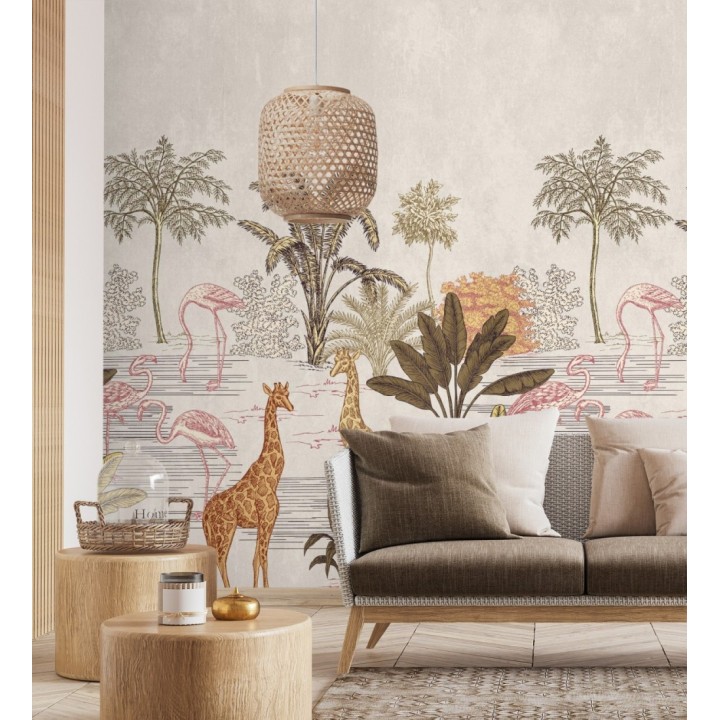 Papel pintado mural de safari con jirafas y flamencos - Baby Wonderland 683235