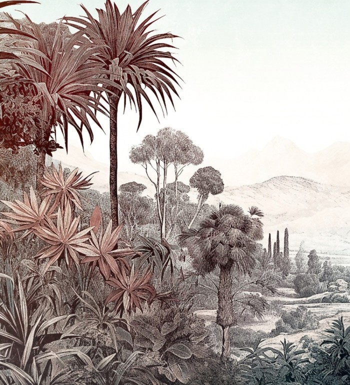 Papel pintado mural con paisaje tropical ilustrado en tonos suaves y vintage - Majestic Pathway 683238