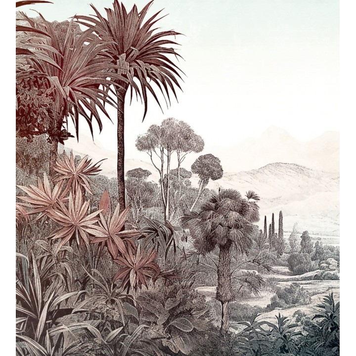 Papel pintado mural con paisaje tropical ilustrado en tonos suaves y vintage - Majestic Pathway 683238