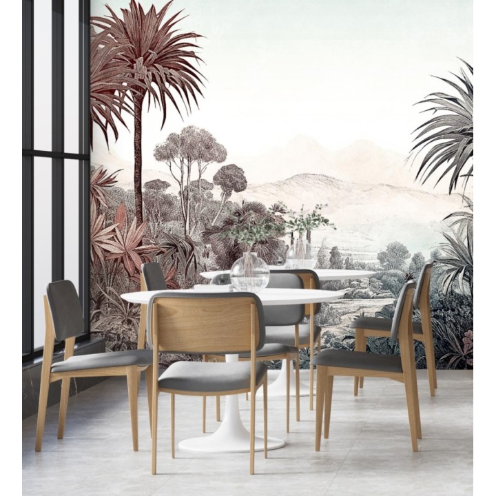 Papel pintado mural con paisaje tropical ilustrado en tonos suaves y vintage - Majestic Pathway 683238