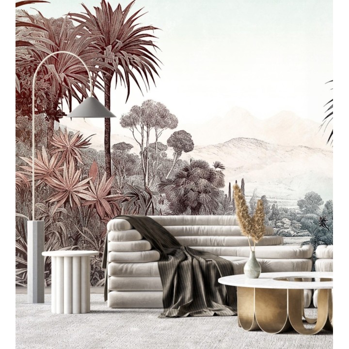 Papel pintado mural con paisaje tropical ilustrado en tonos suaves y vintage - Majestic Pathway 683238