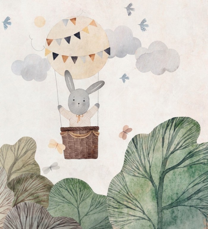 Papel pintado mural infantil con conejo en globo aerostático y nubes suaves - Baby Wonderland 683239