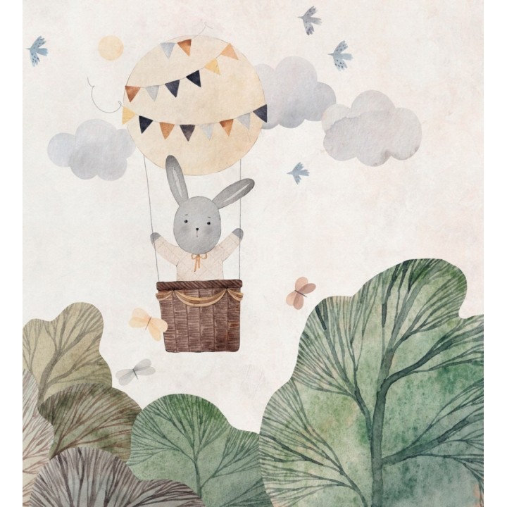 Papel pintado mural infantil con conejo en globo aerostático y nubes suaves - Baby Wonderland 683239