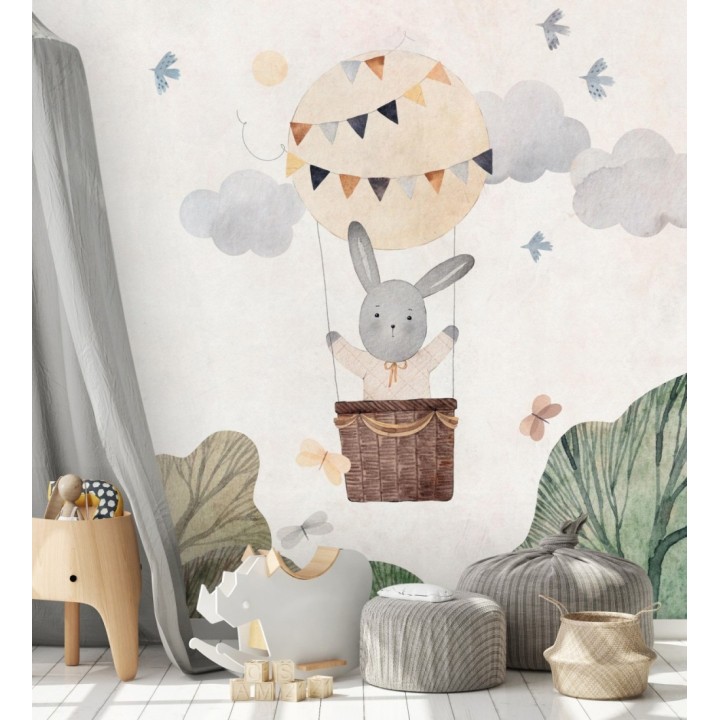 Papel pintado mural infantil con conejo en globo aerostático y nubes suaves - Baby Wonderland 683239