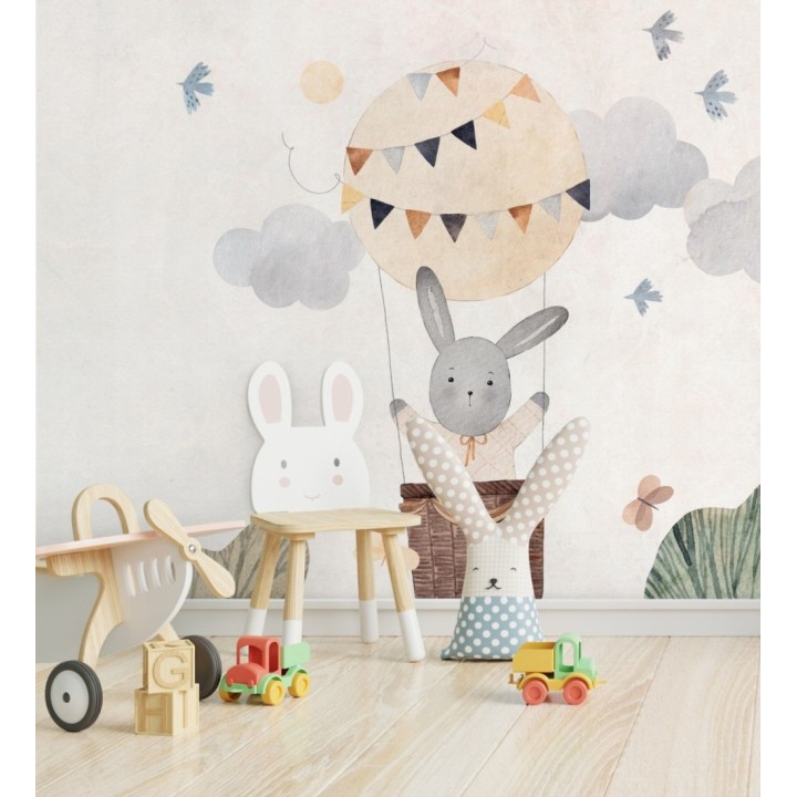 Papel pintado mural infantil con conejo en globo aerostático y nubes suaves - Baby Wonderland 683239