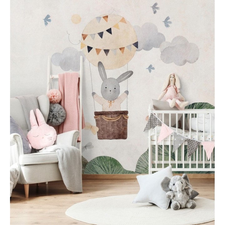 Papel pintado mural infantil con conejo en globo aerostático y nubes suaves - Baby Wonderland 683239