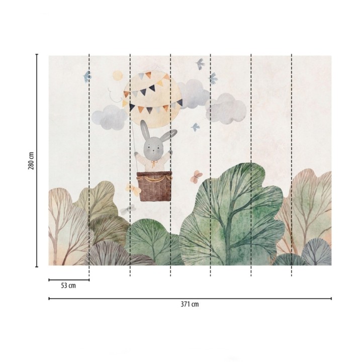 Papel pintado mural infantil con conejo en globo aerostático y nubes suaves - Baby Wonderland 683239