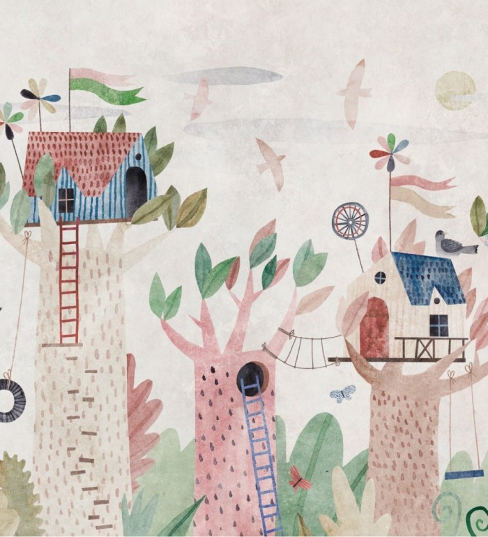 Papel pintado mural infantil con casitas en árboles en un estilo de cuento de hadas - Baby Wonderland 683240