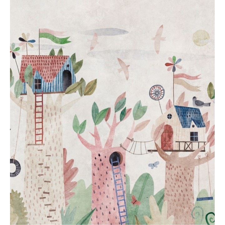 Papel pintado mural infantil con casitas en árboles en un estilo de cuento de hadas - Baby Wonderland 683240