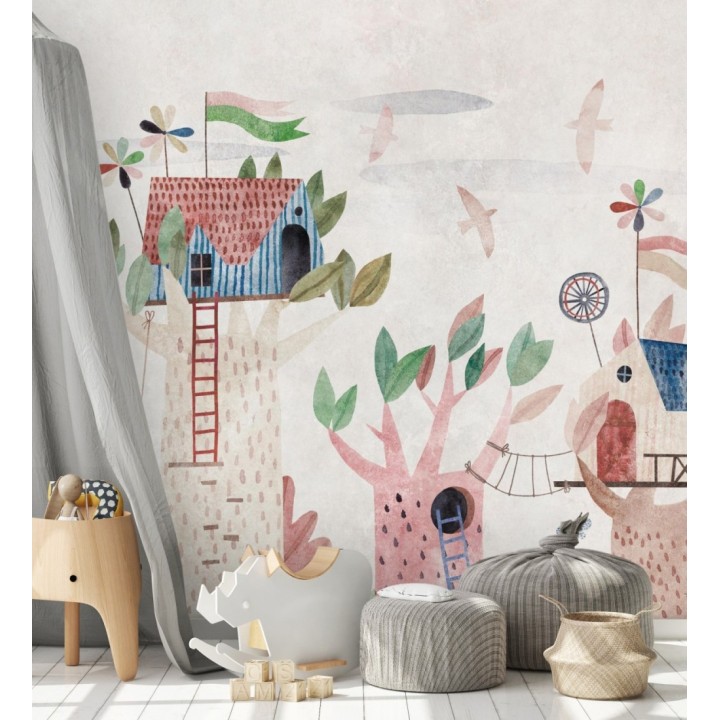 Papel pintado mural infantil con casitas en árboles en un estilo de cuento de hadas - Baby Wonderland 683240