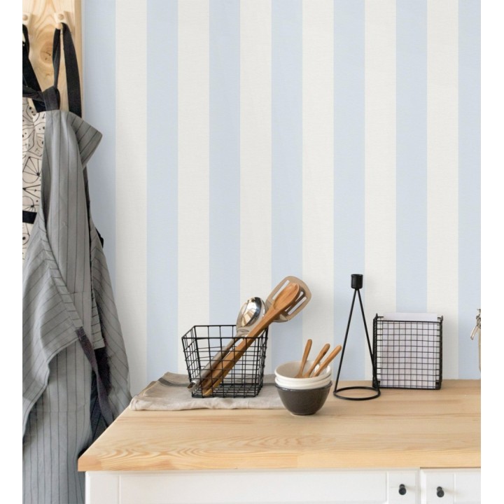 Papel pintado de rayas celeste y blancas con textura textil - Bossa Nova Stripes 683244