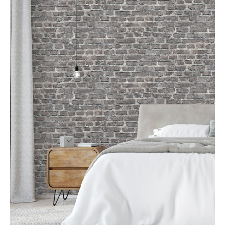 Papel pintado imitación ladrillo envejecido tonos grises oscuros - New Orleans Brick 683252
