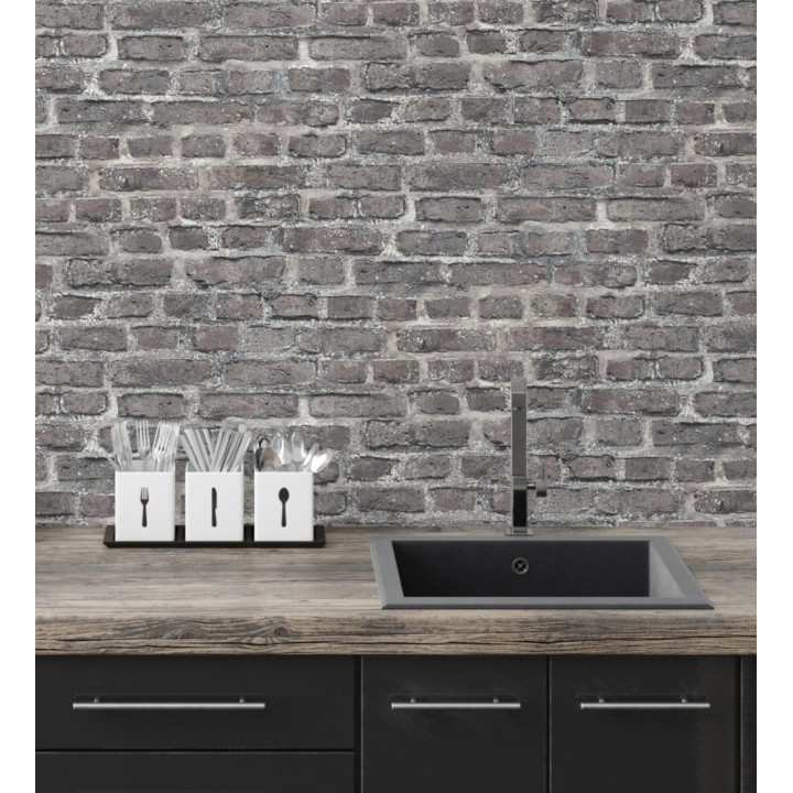 Papel pintado imitación ladrillo envejecido tonos grises oscuros - New Orleans Brick 683252