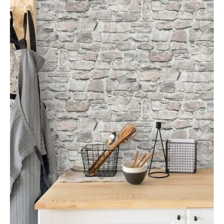 Papel pintado imitación muro de piedra rústica en tonos grises - Palermo Stone 683254