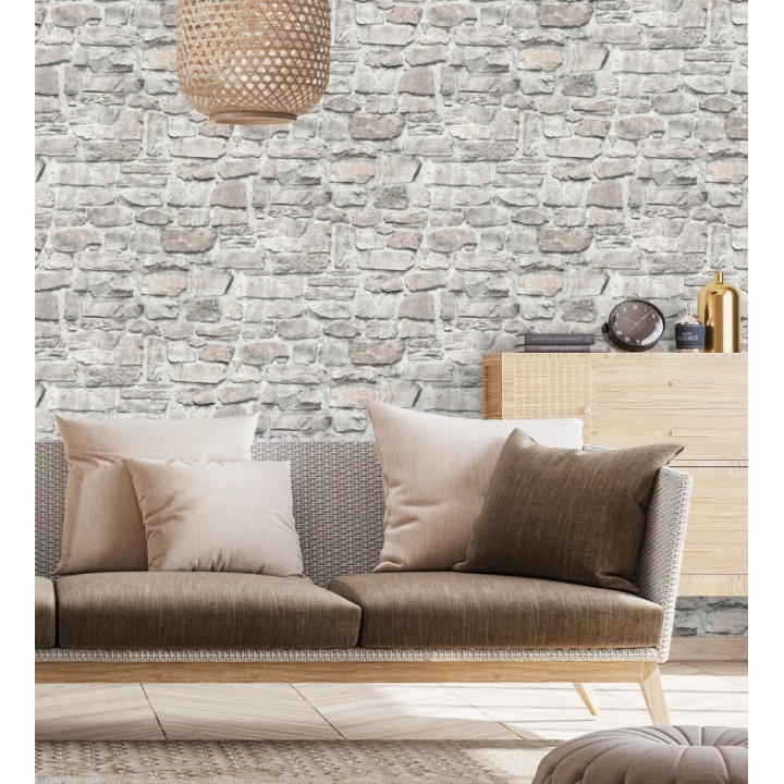 Papel pintado imitación muro de piedra rústica en tonos grises - Palermo Stone 683254
