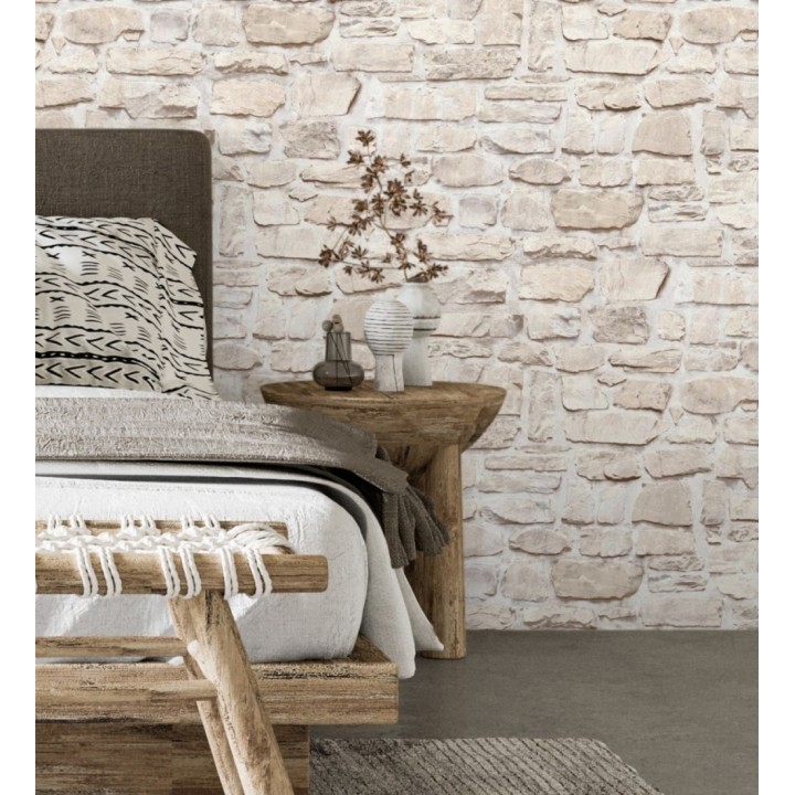 Papel pintado imitación muro de piedra rústica en tonos beige - Palermo Stone 683255