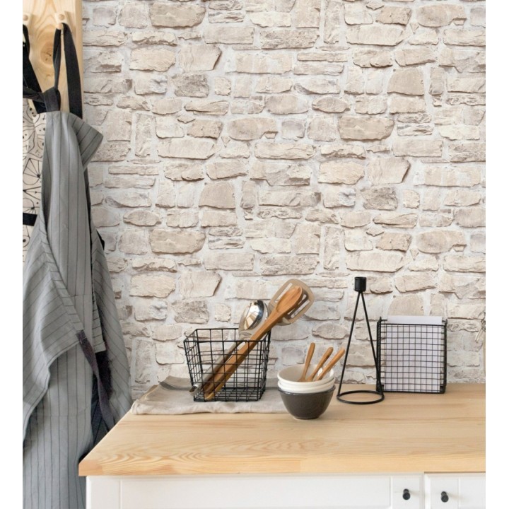 Papel pintado imitación muro de piedra rústica en tonos beige - Palermo Stone 683255